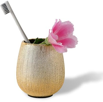 ABBI NIMO Brushed Gold Ceramic Toothbrush Holder, 3D Textured Golden Tumbler, Shiny Festive Bathroom Decor for Countertop Enhancement