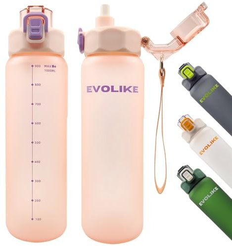 Evolike Borraccia sportiva, 1 l, con cannuccia, 2 in 1, per sport e uso quotidiano, a prova di perdite, senza BPA, antiscivolo, con scala e manico, non lavabile in lavastoviglie (rosa)
