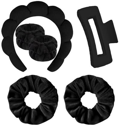 Spa-Stirnbänder für Frauen, 1 Makeup-Stirnband und 2 Handgelenk-Waschband und 2 Haargummis und 1 Haarkrallen-Clip-Set für Gesichtswäsche, Hautpflege, Dusche, Makeup-Entfernung (Schwarz)