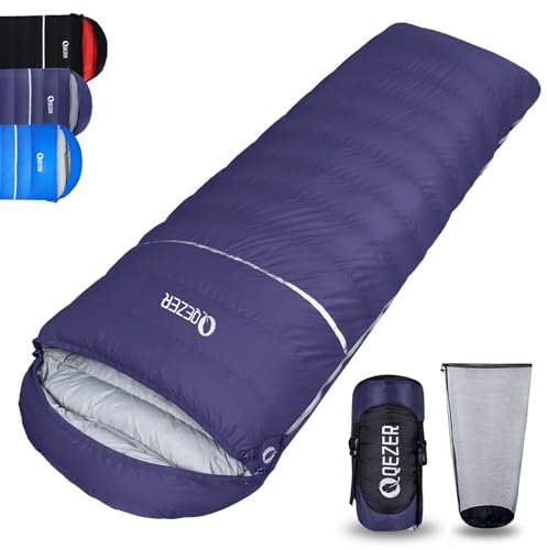QEZER Winterschlafsack Outdoor bis -18C°, leichter und warmer Schlafsack mit Premium 620FP Daunenschlafsack für Camping, Wandern und Trekking im Freien (Blau-Einzelreißverschluss)