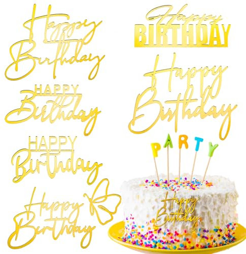 6 Pcs Happy Birthday Cake Topper Side, Acrylic Gold Cake Toppers, Cakes Inserts Decor Supplies for Birthday Party Dessert