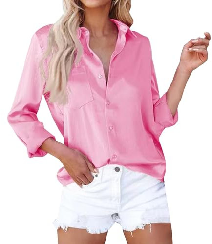 Chemisier Blanc Chic, Chemisier pour Femme - Chemise Décontractée avec Col en V - Satin - Coupe Ample - Solide - Élégant, avec Poche,Rose,S,F110S