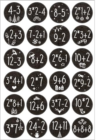 BOOMTOP 24 Adventskalender Zahlen Aufkleber mit Rechenaufgaben Adventszahlen 1-24 Sticker Rund Ø 3,8 cm Adventsaufkleber Weihnachtsaufkleber Geschenkaufkleber Zahlenspiel für Matheliebhaber Schwarz