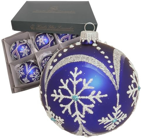 Krebs Glas Lauscha - Weihnachtsdekoration/Christbaumschmuck aus Glas - Kugel Schneeflocke - Farbe: Königsblau Satin - Menge: 6 Stück - Größe: ca. 8 cm