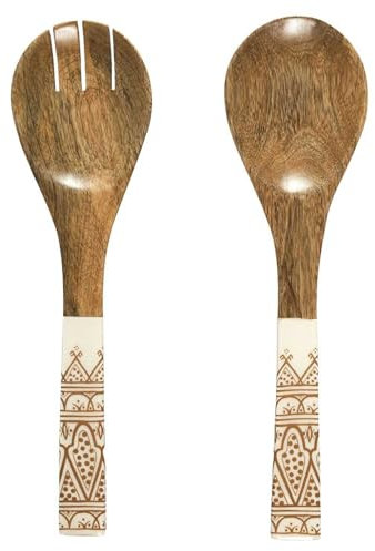 HOME DECO FACTORY, KA0574, Couvert à Salade en Manguier Dune Terracotta, Design Élégant et Naturel, Accessoire de Service Pratique, Idéal pour Tous Les Repas, Taille : 30 cm, Marron, Blanc, Orange