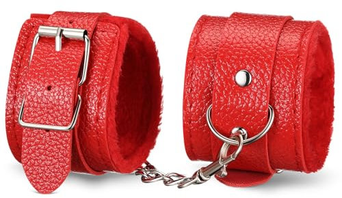 SATINIOR Fesseln Handschellen mit 2 Schlüsseln Plüsch Handschellen für Sexspielzeug für Paare Polizei Kostüm Accessoires für Halloween Party Cosplay Zubehör(Leder Stil,Rot)