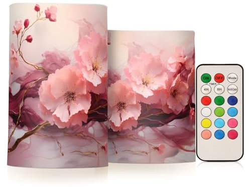 Flickering Flameless Candles Pink Flower Marble LED Candles with Remote Timer Set of 2 Battery Operated Candle Home Decoration