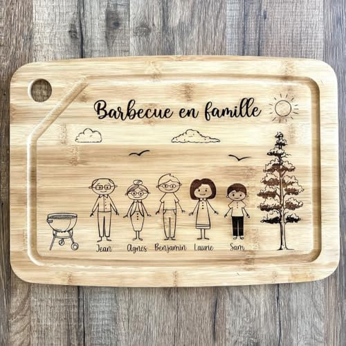 Planche à Découper Personnalisée en Bambou avec Gravure de Famille, Motif Campagne, 5 Tailles Disponibles