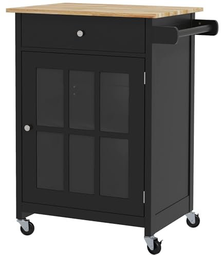 HOMCOM Carrello da Cucina con Cassetto, Ripiano Regolabile, 4 Ruote e Portasciugamani Laterale, Carrello Cucina con Piano in Legno di Gomma, per Soggiorno e Cucina, 67x48x86.5 cm, Nero e Rovere