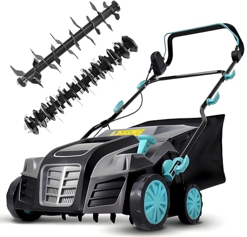 XSSIVE Rasen-Dethatcher und Vertikutierer, 40,6 cm, 15 A, 2-in-1, elektrische Rasenpflegemaschine mit 47,5 l Auffangsack und 5-Positionen-Einstellung für Strohentfernung und Grasrevitalisierung