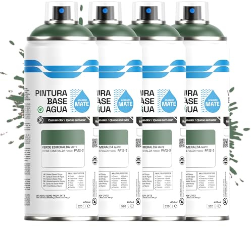 Etrexonline Pintura Spray Ecológica 400ml - Base Agua, Sin Olor - Para Muebles, Metal, Plástico y Madera - Colores Vivos y Permanentes, Cobertura Uniforme - Verde Esmeralda Mate, 4 unidades