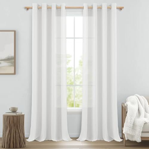 MRTREES Vorhänge mit Ösen Weiss Leinenoptik Halbtransparent für Schlafzimmer 2er Set, Gardinen Weiß Leinen 245 cm Lang 140 cm Breit, Luftiger Vorhang Wohnzimmer Fenster Curtains Living Room