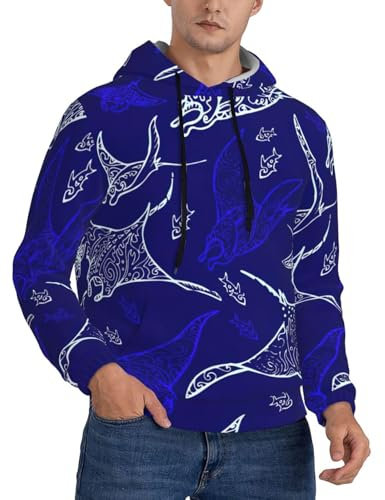 HJLUUFT Manta Ray und Fish Print Herren-Kapuzenpullover mit Kanga-Tasche, Herren-Sweatshirt, weich, lässig, Pullover mit Tasche, Schwarz , XXL