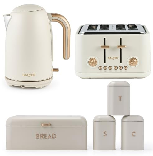 Salter Pebble Kettle, Toaster & Canister Set – Bread Bin, Tea, Sugar, Coffee Canisters, 6 Toasting Levels, 1.7 L Rapid Boil Kettle, Boil Dry, Defrost/Reheat/Cancel Functions, Storage Containers, Stone