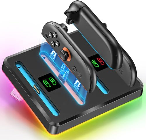 Base Carga para 2025 Nintendo Switch 2 Joy-con, Estación para Nintendo Carga R¡pida de 2,5H para 4 Nintendo Joy-con 2 con 9 Luces RGB, Accesorios Switch 2