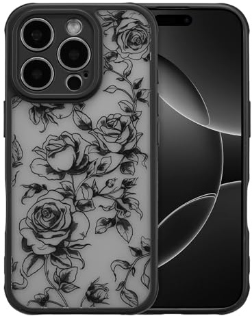 XIZYO Matte Translucent Case for iPhone 14 Pro Max, Branch Rose/Black | Frosted Slim Touch, Cute Rose Flower Pattern, Aesthetic Floral Design, Shockproof Anti-Yellow, Soft TPU, Girly Women Style