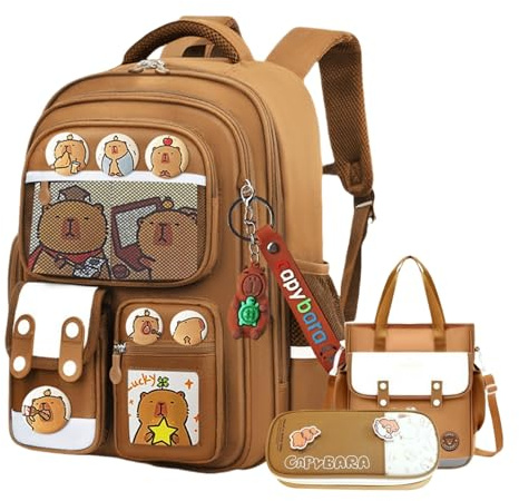 Capybara Backpack Cute Kawaii Backpack 3Pcs Set with Lunch Bag and Pencil Case, Keychain, Funny Going Out Cartoon Bag (Khaki)
