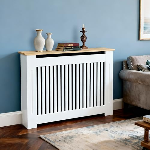 Fativo Extra Tall Radiator Cover 90cm Vertical Slat MDF Wood-Grain Top | Anti-Tipping Device,Ventilated Design Top Shelf, Durable Construction, Medium Heat Protection Cover for Kitchen Bedroom