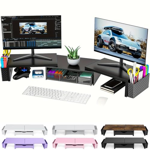 Doppel Monitorständer, Metall Monitor Erhöhung mit Schublade und 2 Stifthaltern, einstellbare Länge und Neigung – Dual Monitor Stand Riser für Laptop, PC, Computer, Drucker (Metall Schwarz)