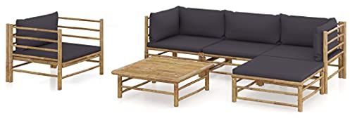 Ziaphsol 6-TLG. Garten-Lounge-Set, Bambus Outdoor Möbel mit Dunkelgrauen Kissen, Ecksofa, Stuhl, Fußhocker, Tisch, Terrassenmöbel