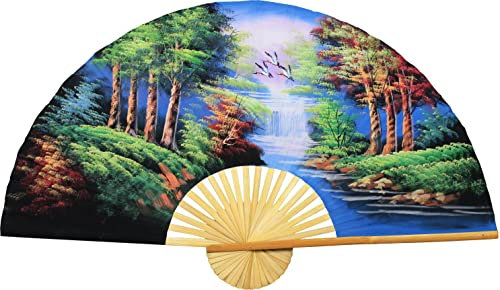 Forest Landscape Giant Folding Wall Fan Hand-painted Decorative Wall Decor Art, Handmade Nature Themed Original Acrylic Painting on a Natural Bamboo Frame for Peaceful, Calming Feng Shui Home (40 inch