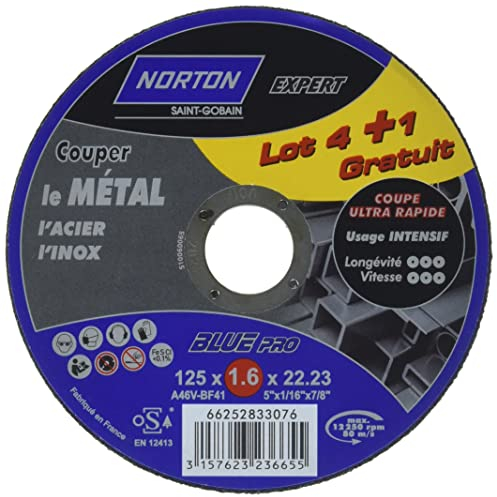 Norton Lot de 4 + 1 Meules tronçonnage métal 125 x 1,6 x 22,2 mm