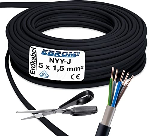 EBROM Erdkabel NYY-J 5x1,5 mm² - Starkstromkabel - PVC Erdleitung - schwarz - Meterware auf den Meter genau - Auswahl in 1 Meter Schritten, viele Längen - NYY-J 5x1,5 mm2 - Ihre Länge: 10 Meter