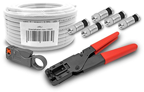 ARLI HD Sat Kabel 50 m Koaxialkabel 135dB Koaxial 5 fach geschirmt Kompressionszange Abisoliermesser 50 x F Kompressionsstecker 7-7,5 mm Satkabel TV Antennenkabel 4K Zange Abisolierer F-Stecker
