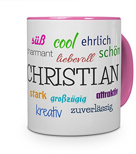 printplanet Tasse mit Namen Christian - Positive Eigenschaften von Christian - Namenstasse, Kaffeebecher, Mug, Becher, Kaffeetasse - Farbe Rosa