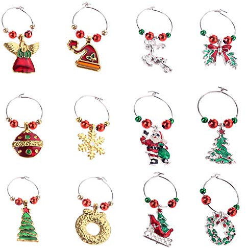 COSORO 12Pcs Multi Colour Xmas Wine Charms - Music Characters Wine Glass Markers - Iron, 2.5-3CM, Handmade, Perfect for Christmas Party & Decorations