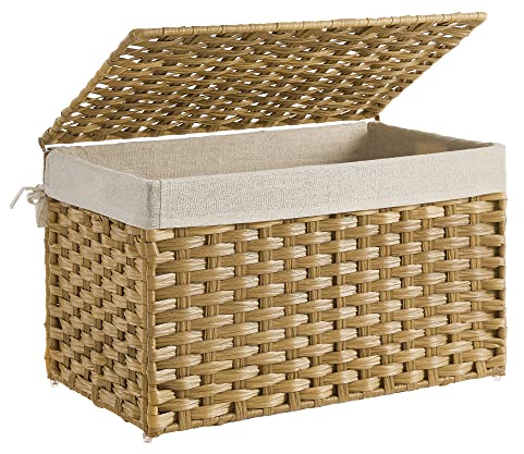 SONGMICS Cesto de Ropa Sucia, Cesta de Ratán Sintético 65 L con Tapa y Asas, Mimbre, Plegable, Forros Extraíbles, para Mantas, Ropa, Dormitorio, Baño, Lavandería, Amarillo Ganso RST56NL