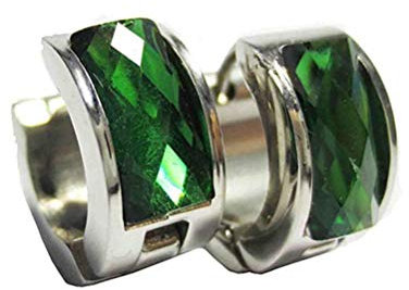 OAKKY Jewellery Mens and Womens Green Crystal Diamond Silver 316L Stainless Steel Studs Huggie Hoop Earrings, Vintage Punk