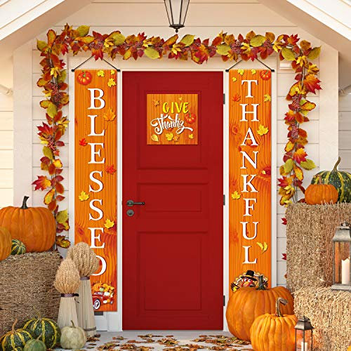 Blessed Thankful Hängende Banner Herbst Ernte Willkommen Banner Veranda Zeichen Herbst Kürbis Ahorn Blatt Hintergrund Flagge für Hause Hof Indoor Outdoor Erntedankfest Party Dekorationen