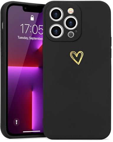 Wirvyuer Compatible with iPhone 13 Pro Max Phone Case for Women Girls Silky Soft Protective Shockproof Silicone Case with Gold Heart Pattern Design Black Cover