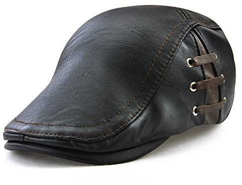 Ueither Herren Verstellbare Schiebermütze PU Leder Schirmmütze Flatcap Newsboy Cap 56-60cm (Schwarz)