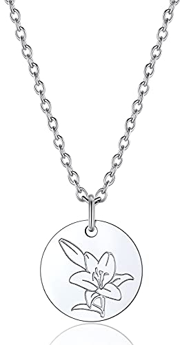 Bestyle Ketten für Damen Geburtsblumen Halskette aus Edelstahl Trendiger Rundanhänger mit Blume Lilie Mai Geburtsmonat Silberkette