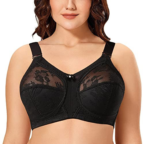 Ayigedu Women's Non Wired Non-Padded Minimizer Lace Plus Size Full Coverage Support Bra 34G Black