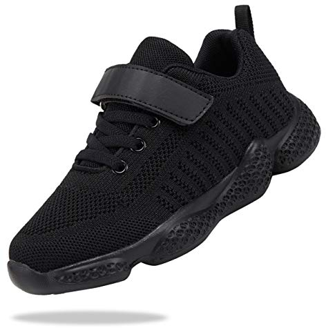 Shoful Kinderschuhe Jungen Sportschuhe Kinder Mädchen Laufschuhe rutschfest Leicht Hallenschuhe Klettverschluss Turnschuhe Mesh Atmungsaktiv Sneaker Ganz Schwarz 36 EU