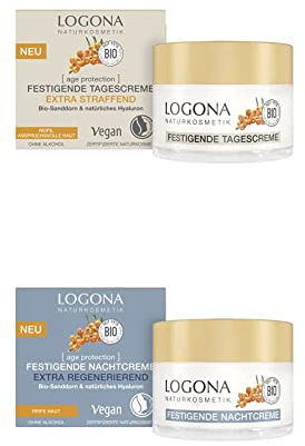 LOGONA Naturkosmetik Anti-Aging Gesichtscreme für reife Haut, Straffende Tagescreme mit veganer Formel, Mit Bio-Sanddorn und Hyaluron, 50 ml + Anti-Aging Nachtcreme, Regenerierende Gesichtspflege