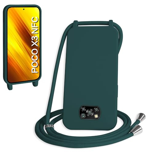 WenBaby Funda con Cuerda para Xiaomi Poco X3 NFC/Poco X3/Poco X3 Pro, Líquida Silicona Carcasa con Cordón Ajustable Collar Correa de Cuello, Cubierta Prueba Golpes con Microfibra Forro (Verde Oscuro)