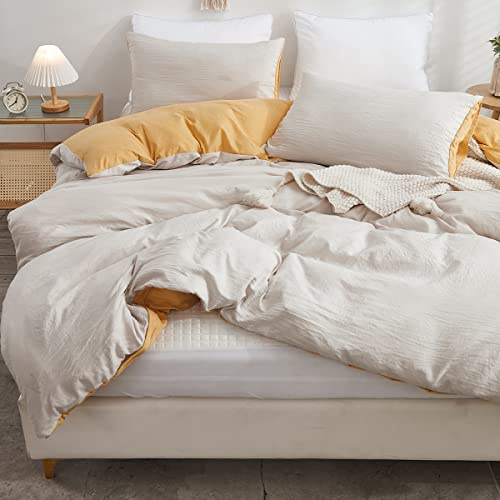 Freyamy Wendbar Bettwäsche 155x220cm 2teilig Beige Gelb Unifarben Uni Wendebettwäsche Gewaschene Microfaser Weiche Bettwaren-Sets Elegant Bettbezug mit Reißverschluss und Kissenbezug 80x80cm