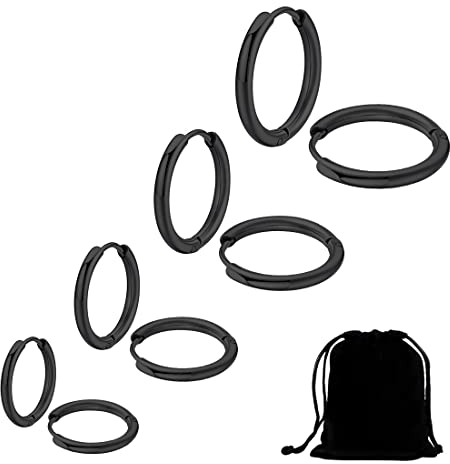 Clyhon 4 Paare Edelstahl Creolen Ohrringe für Herren Damen, Ohrringe Herren, Ohrringe Männer Creolen, Ohrringe Damen Creolen, Ohrringe Creolen Herren Damen Klein 8MM-14MM,Schwarz