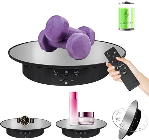 7.9 Mirror Motorized Rotating Display Stand Turntable with Remote & Battery Operated 17.6 LB,Photography Turntable Rotating Platform Lazy Susan (Black)