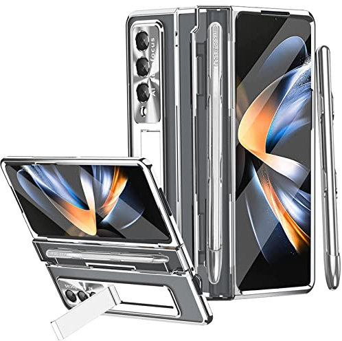 Miimall for Samsung Galaxy Z Fold 4 Case with S-Pen, [Screen Protector] [Hinge Protection] [Kickstand] [Camera Lens Protector] Hard PC Full Coverage Protective Case Cover for Galaxy Z Fold 4-Silver