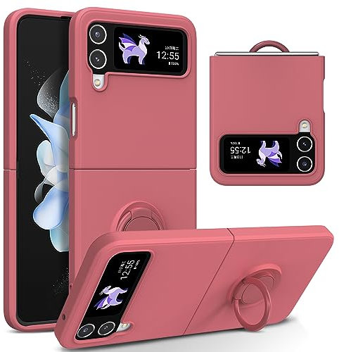 UEEBAI Silicone Case with Ring for Samsung Galaxy Z Flip 4 5G, Lightweight Foldable Slim Case Shock Absorption Slim Cover with Ring 360 Degree Rotation Stand Protective Cove - Rose Red