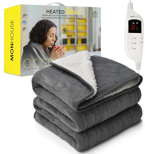 MONHOUSE Beheizter uberwurf - Heizdecke - Digitalregler - Timer Bis Zu 9 Stunden, 9 Warmeeinstellungen, Automatische Abschaltung - Maschinenwaschbar - Double 150X200cm - Grau Shearling