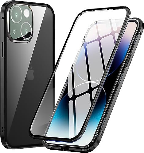 QiiStar Case for Apple iPhone 14 Plus 5G,360° Full Body Phone Case,Front and Back Crystal Clear Tempered Glass Cover Magnetic Adsorption Metal Bumper with Camera Lens Protector - Black