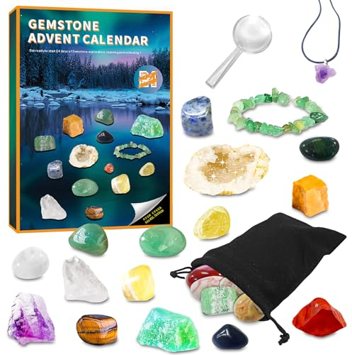 Adventskalender 2024, Weihnachten Countdown Kalender für Kinder, 24 Tage Sammlung von Gesteinen, Mineralien, Edelsteinen und Kristallen, Beste Geschenk für Jungen, Mädchen und Geologie Enthusiasten