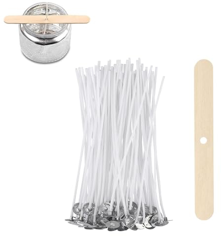 ALLAVA 50 Stück Kerzendochte für Kerzen, 10cm Kerzendochte mit Dochthalter aus Holz, Natürliche Bio Baumwolle, Vorgewachst mit Soja Wachs, Kerzen Docht für Die Kerzenherstellung Candle DIY