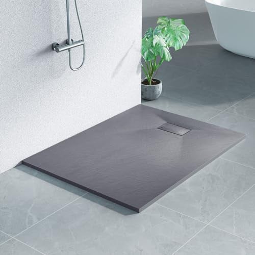 Heilmetz Duschwanne 120x90cm Flach Duschtasse Höhe 2.6 cm Brausewanne Steinoptik Antirutsch SMC Duschtasse, Ø 90mm Ablauföffnung -Grau (ohne Siphon)